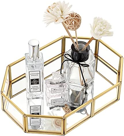 Hipiwe Mirror Glass Vanity Tray - Gold Ornate Decorative Tray
