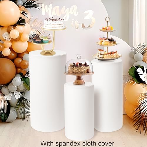 3Pcs White Cylinder Pedestal Stand with Spandex Covers for Parties and Events