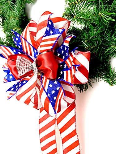 Patriotic Christmas Wreath Bow Red White Blue Door Welcome Bow Stars and Stripes Decor