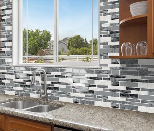 DEWOO 3D Self Adhesive Wall Tiles Marble Gray 10-Sheet 12x12