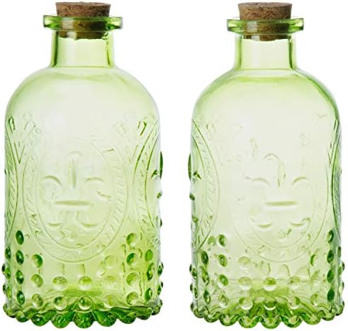 MyGift Vintage Embossed Green Glass Diffuser Bottle Set of 2