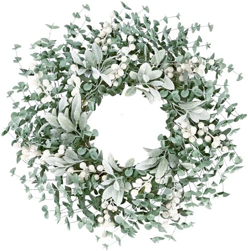 Sggvecsy Artificial Greenery Wreath with White Berries - 22 Inch Flocked Lambs Ear Wall Decor