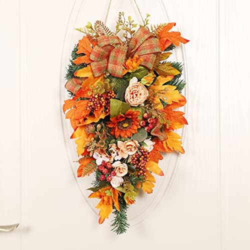 Harvest Teardrop Swag with Peonies and Maple Leaves