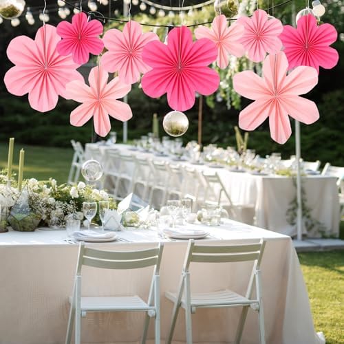 9 Pcs Pink Paper Fans for Party Decor and Wall Hanging