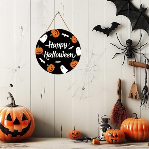 Cute Halloween Wreath with Ghosts Pumpkins Bats Hanging Sign