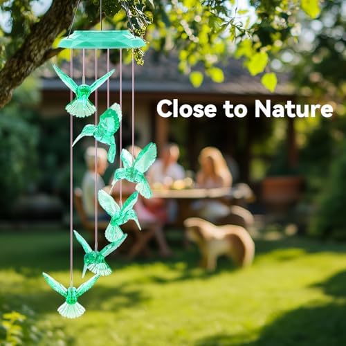 Diamond Cut Hummingbird Solar Wind Chime for Garden 28 Green Light