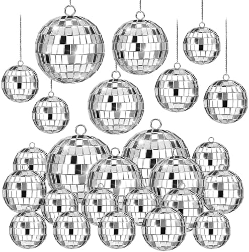 20 Pack Silver Mini Hanging Mirror Balls for 70s Birthday Party Decor