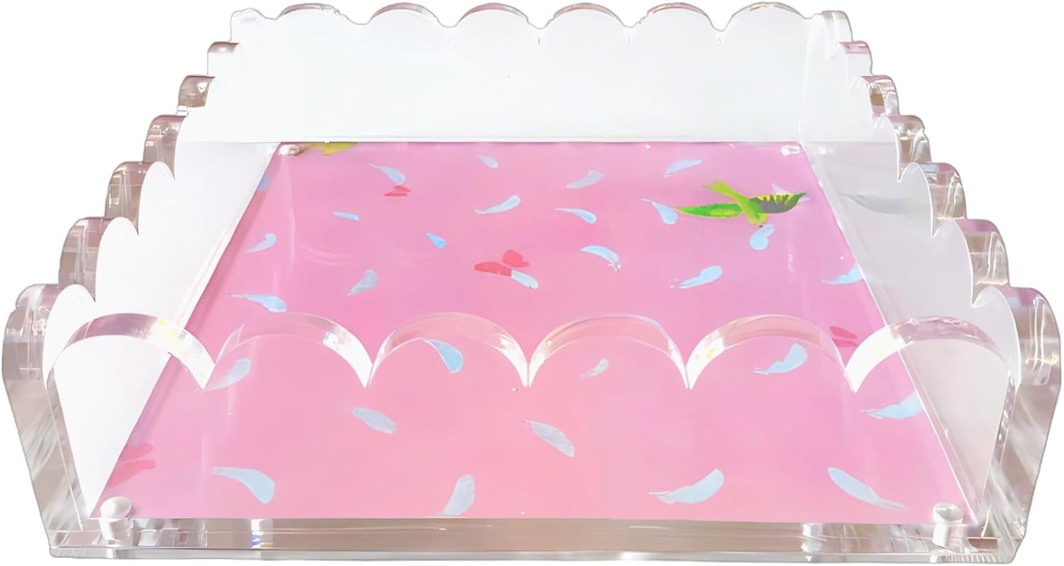 8 x 8 Scalloped Acrylic Tray with Magnetic Mat - Clear Photo Display Jewelry Organizer