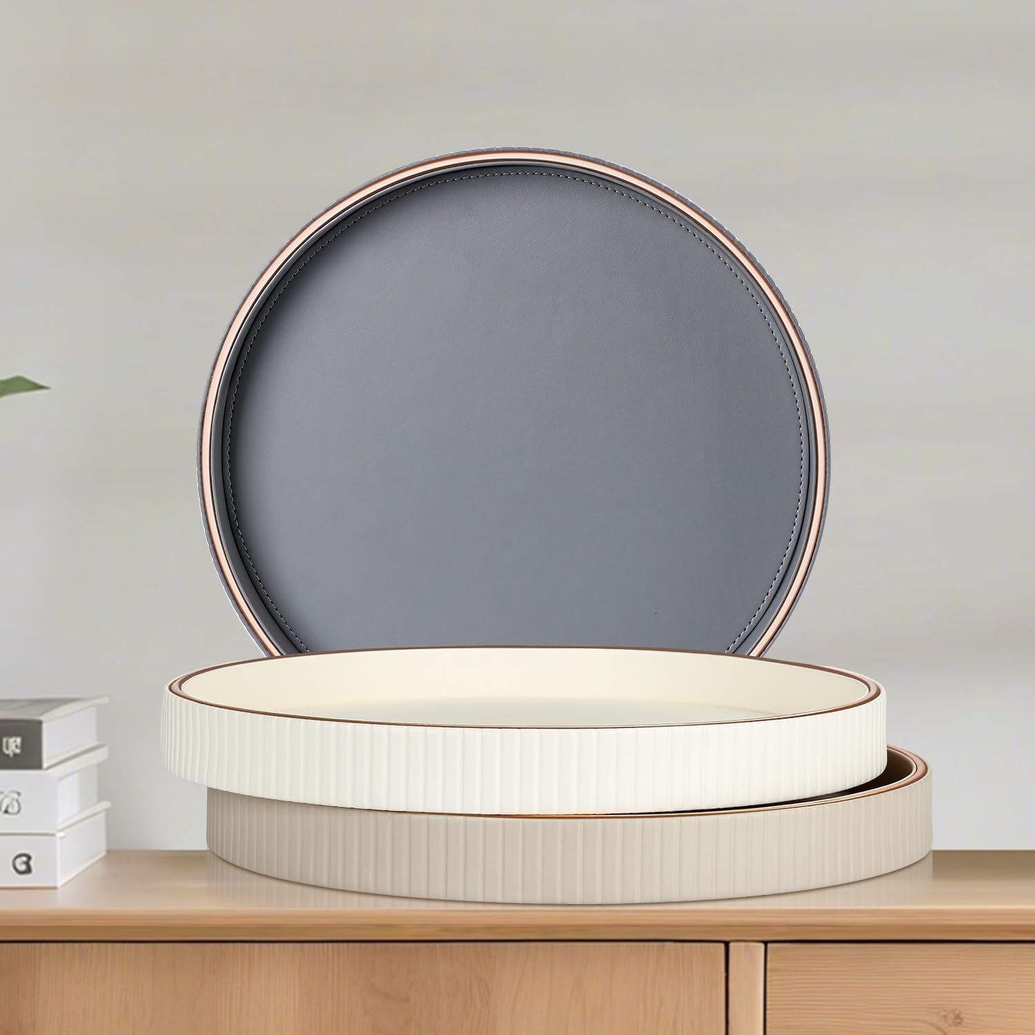 GORESE Round Decorative Tray 12 PU Leather Serving Tray for Coffee Table and Home Decor