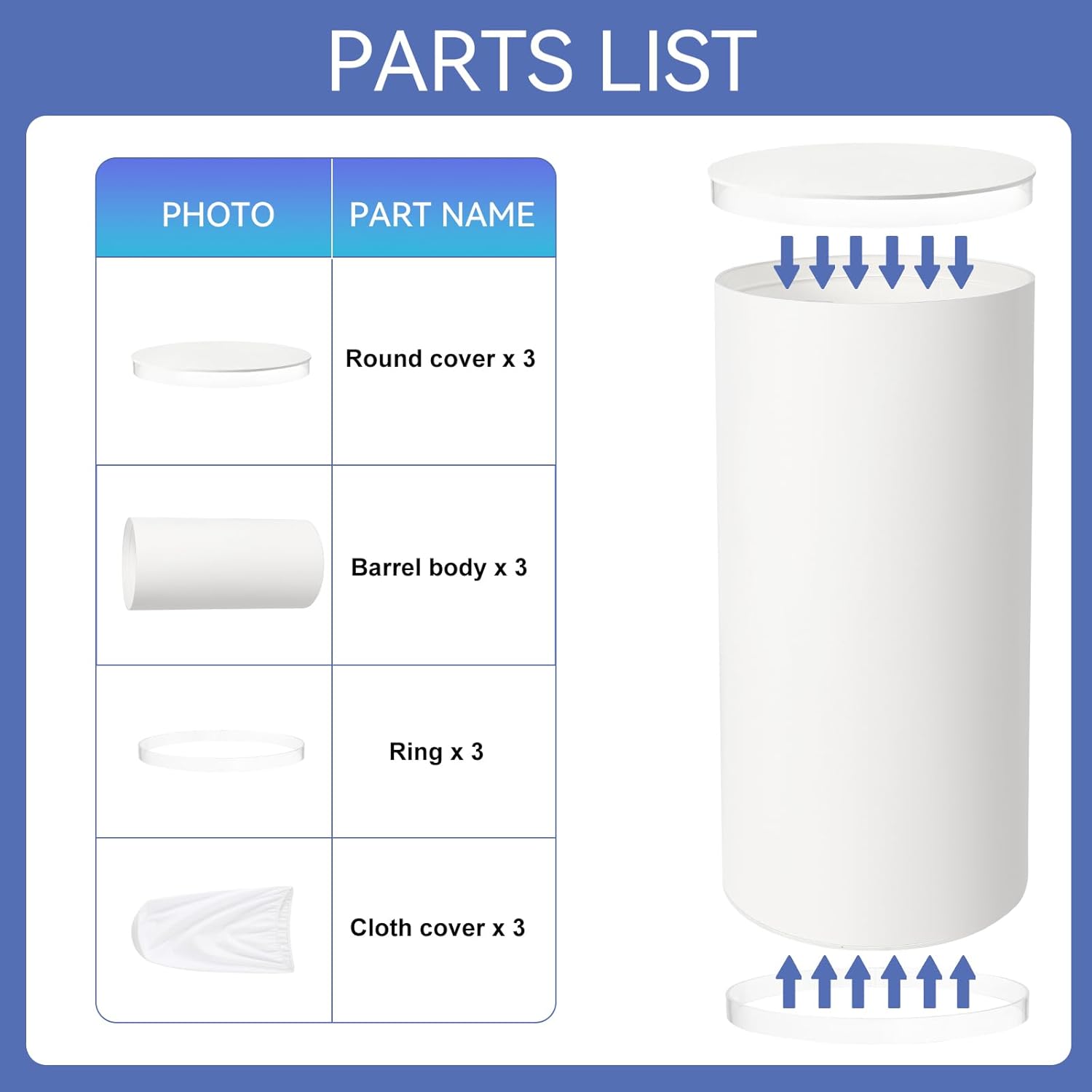3Pcs White Cylinder Pedestal Stand with Spandex Covers for Parties and Events