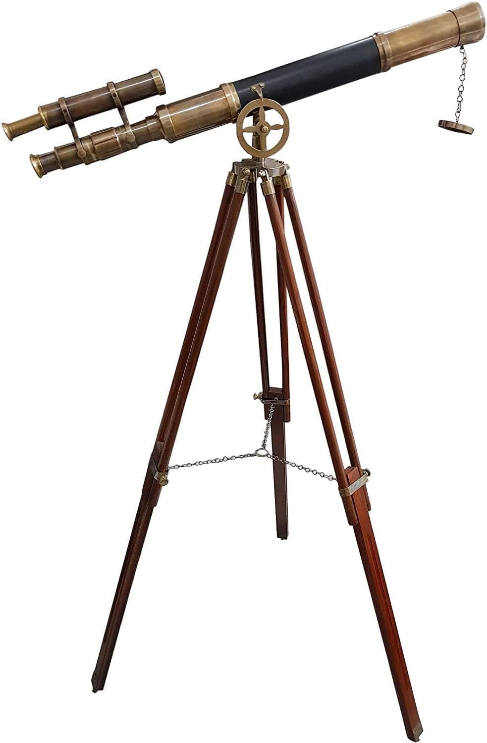 Nautical Black Leather and Brass Double Barrel Telescope with Wooden Tripod Stand