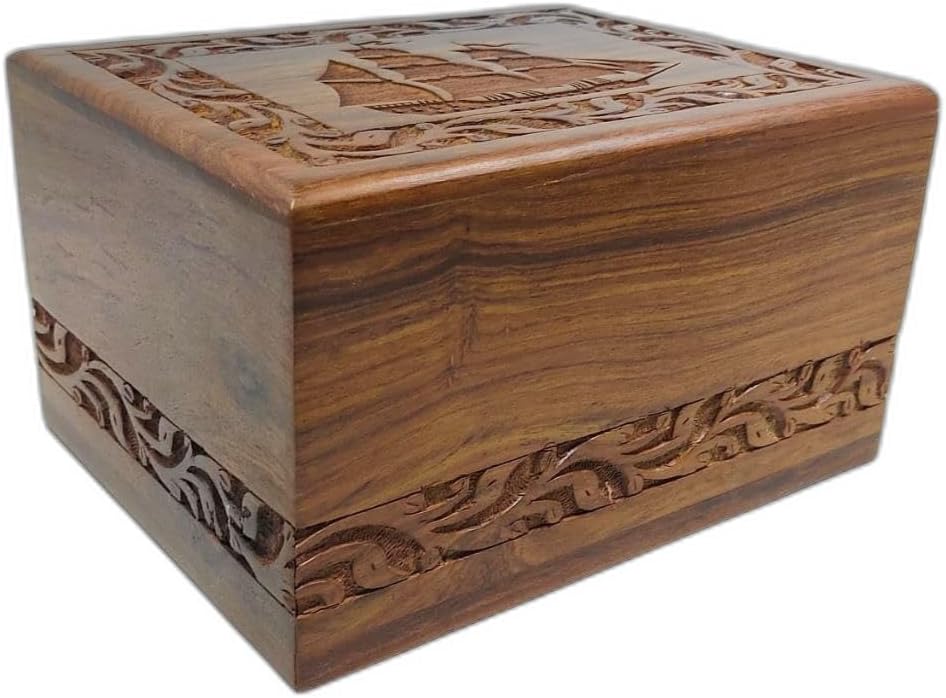 Traditional Wooden Urn with Beautiful Boat Engraved Design