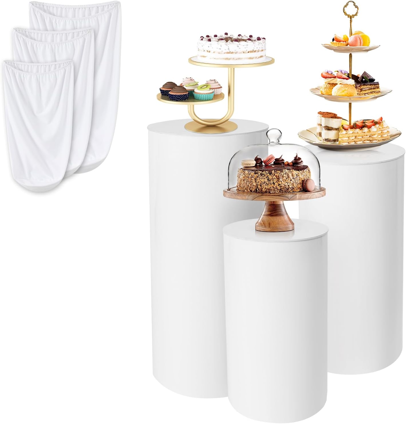 3Pcs White Cylinder Pedestal Stand with Spandex Covers for Parties and Events
