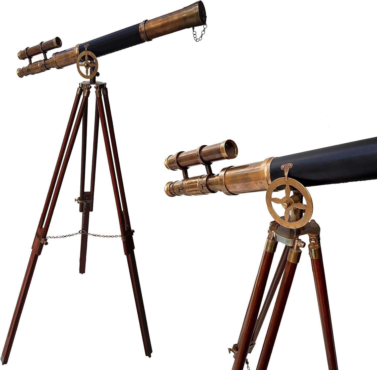 Nautical Black Leather and Brass Double Barrel Telescope with Wooden Tripod Stand