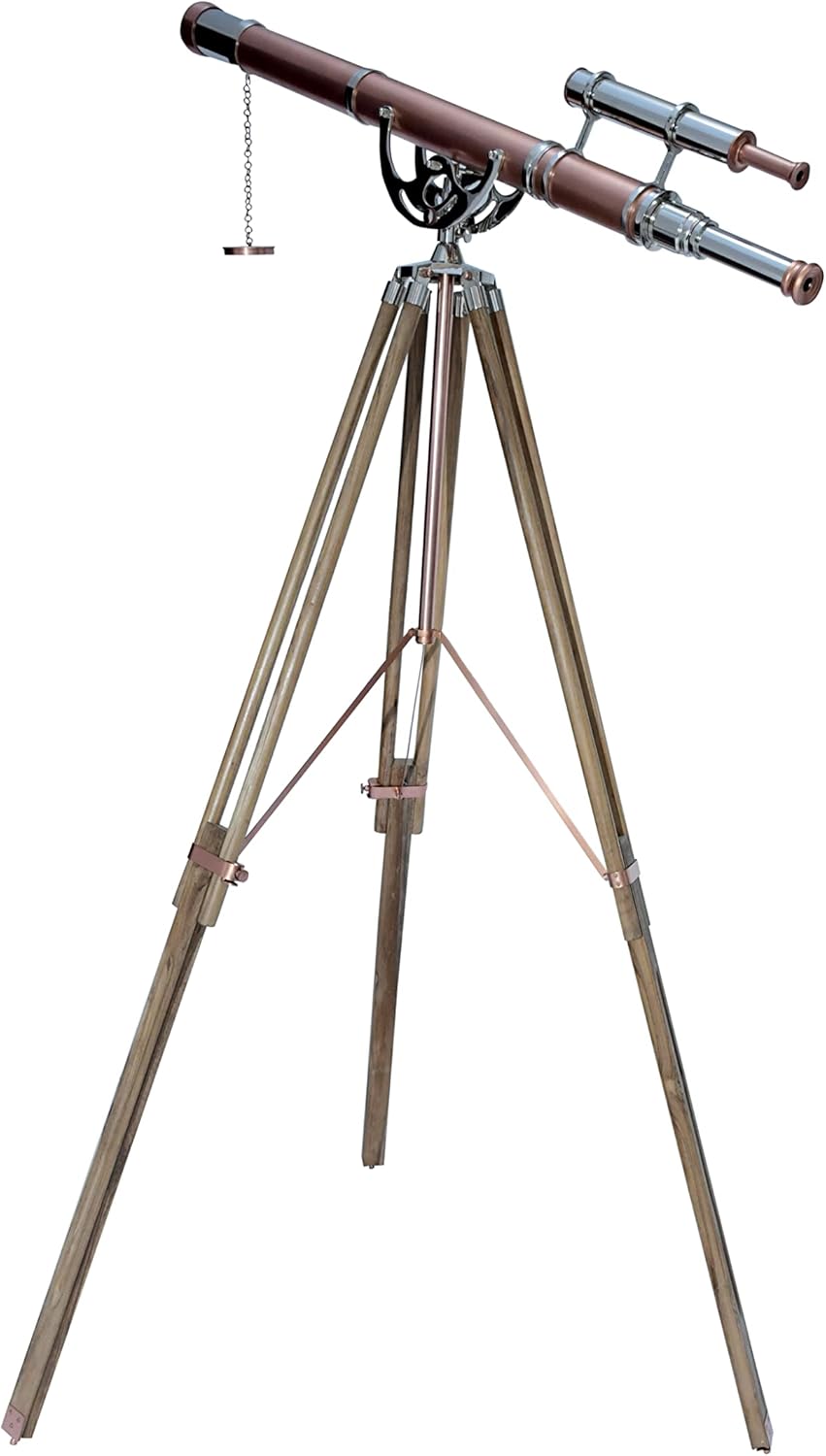 Nautical Vintage Brass Chrome Copper Double Barrel Telescope with Teak Tripod