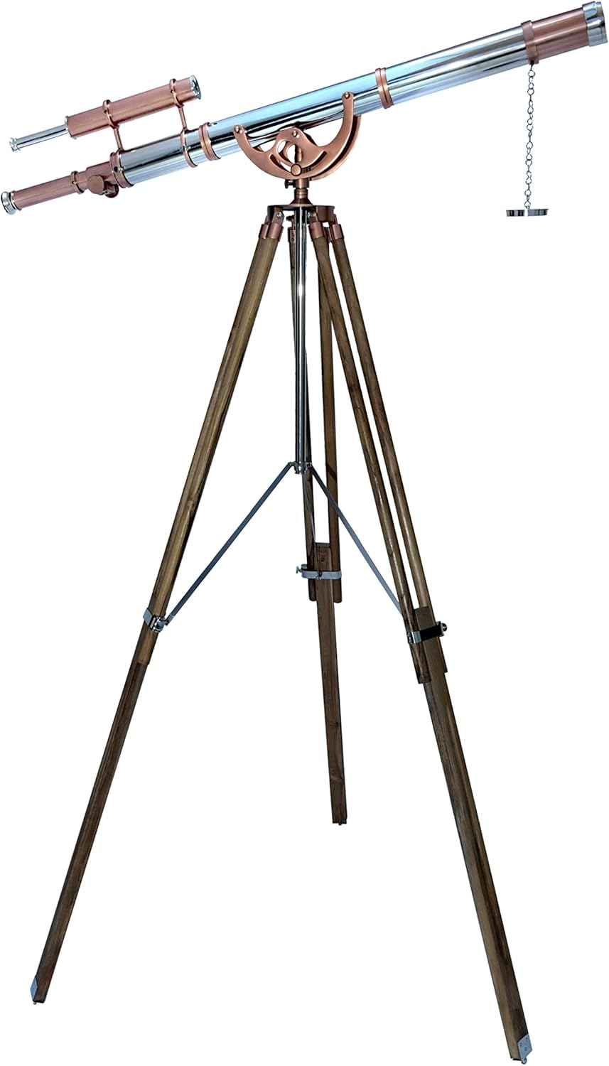 Royal Vintage Shiny Copper Chrome Telescope Double Barrel Teak Tripod