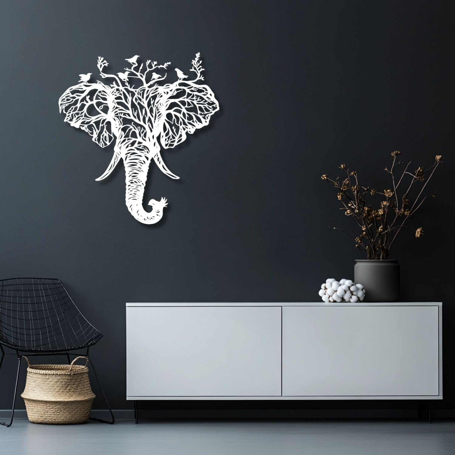 Flewfar Elephant Head Metal Wall Art Birds And Tree Hanging Decoration White 19x19 Inch Unframed