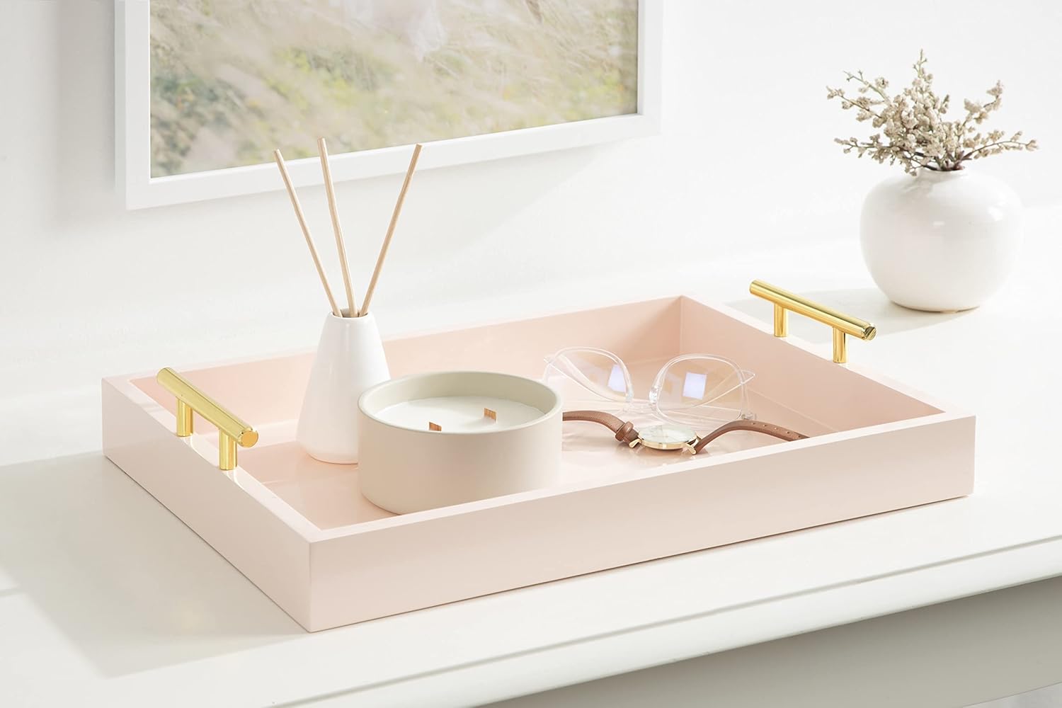 Kate and Laurel Lipton Decorative Tray with Polished Gold Handles Soft Pink