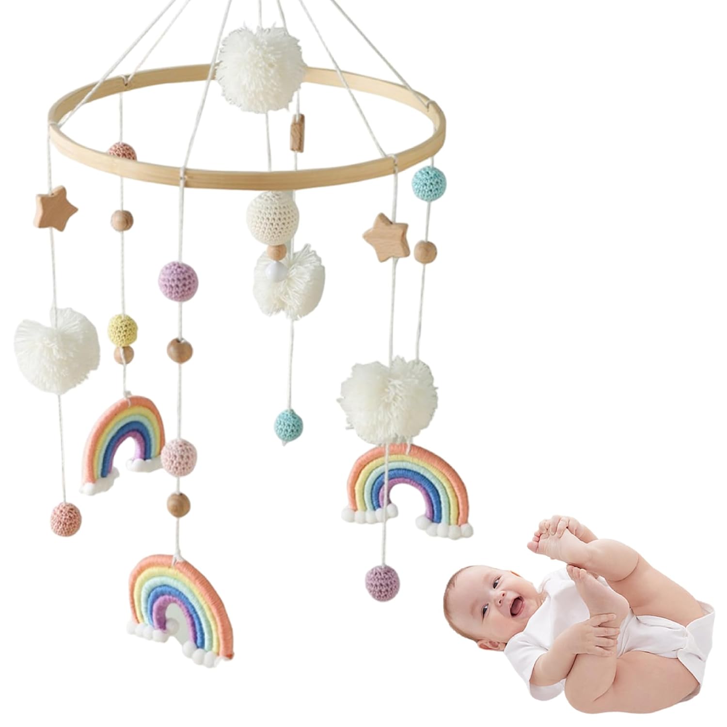 Bassinet Mobile with Bamboo Holder Rainbow Star Pompom Crochet Ball