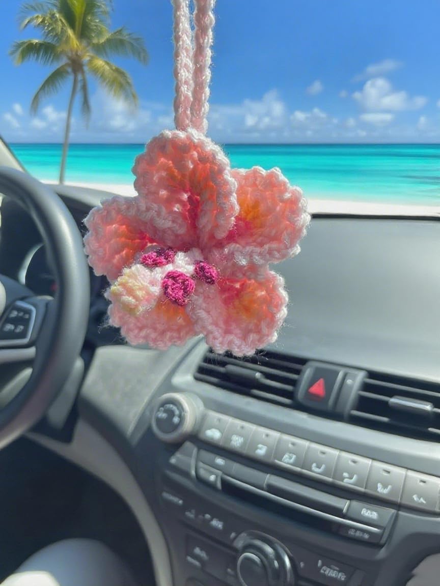 Hibiscus Flower Car Hanging Ornament Crochet Hawaiian Decor for Rearview Mirror