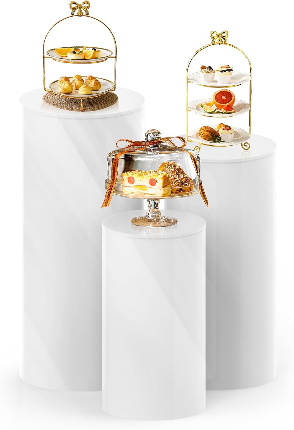 3PC Cylinder Pedestal Stands for Party Display White Round Large Cylinder Tables for Wedding Birthday Events