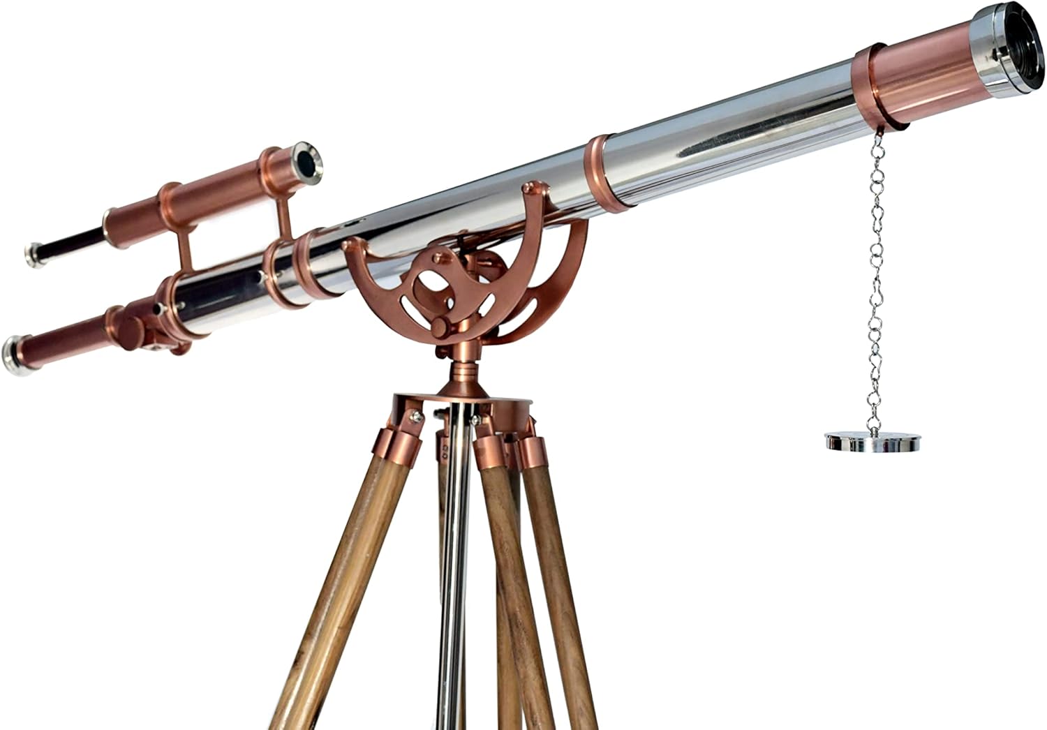 Royal Vintage Shiny Copper Chrome Telescope Double Barrel Teak Tripod