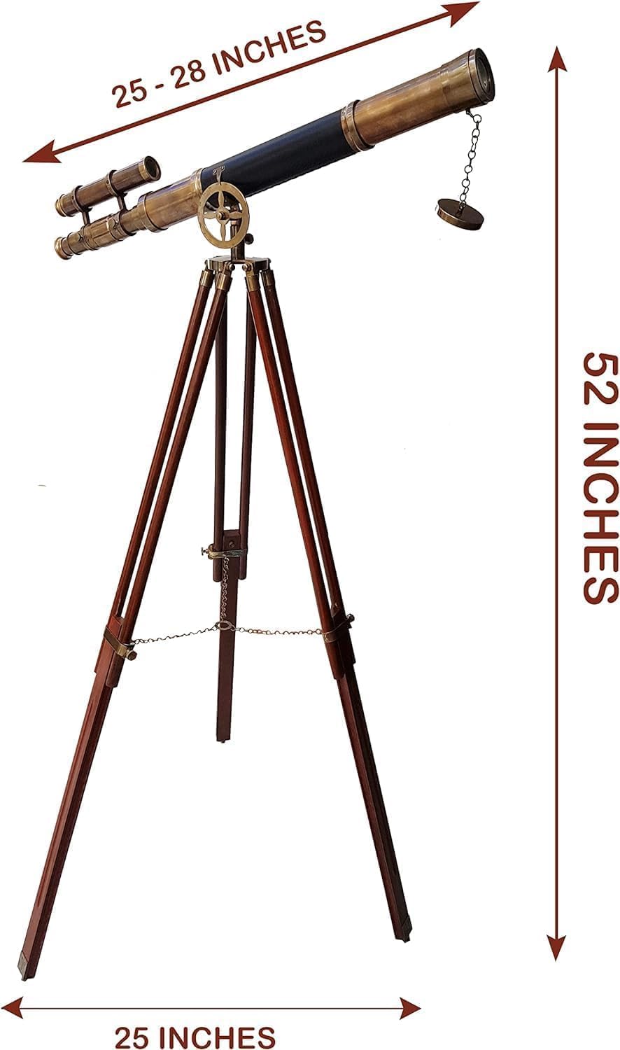 Nautical Black Leather and Brass Double Barrel Telescope with Wooden Tripod Stand