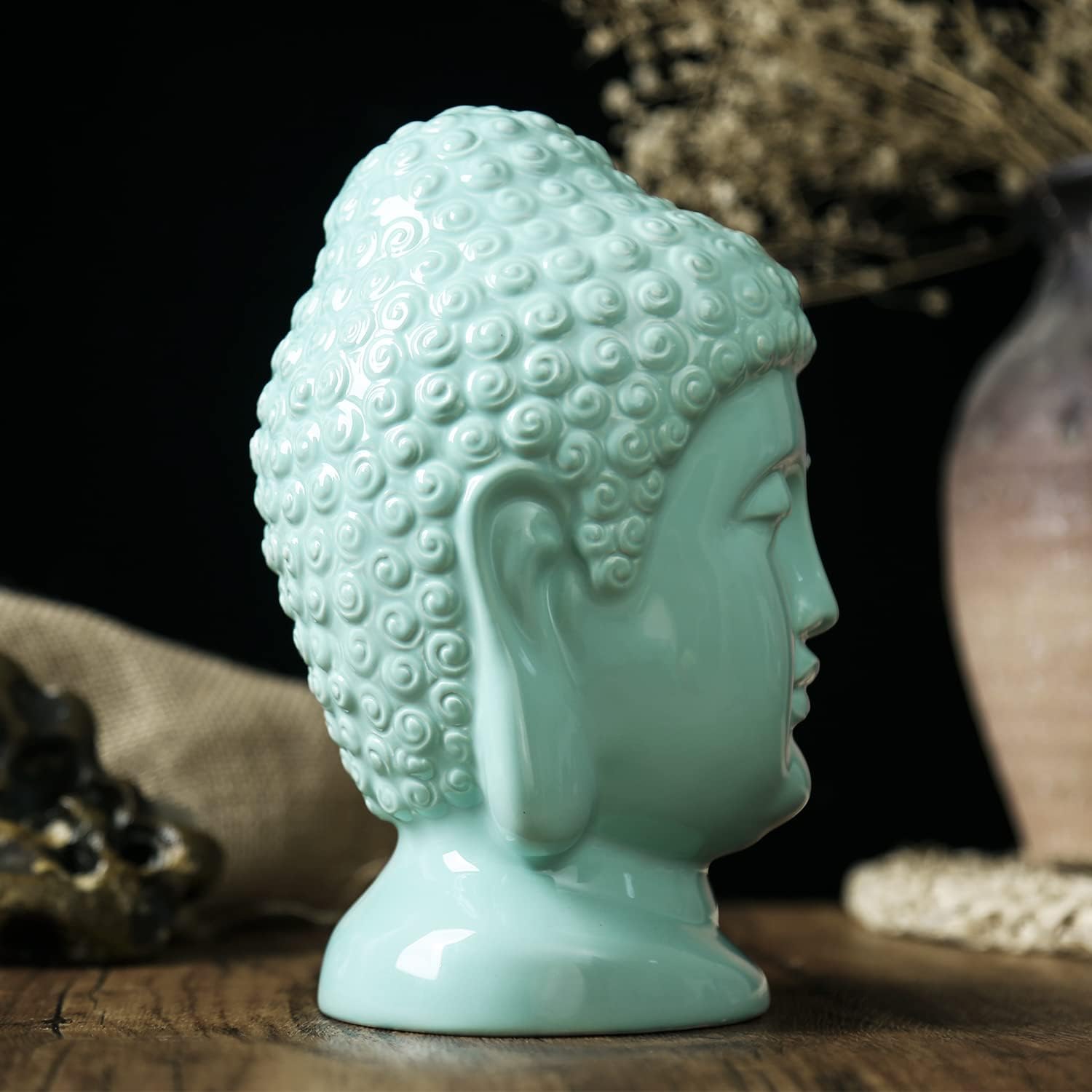 Ceramic Buddha Head Statue Green Religious Home Decor