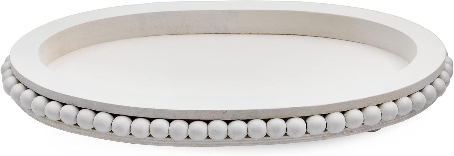 AuldHome Wood Beaded Tray White Decorative Oval