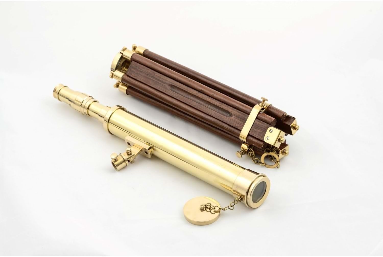 Brass Floor Telescope on Wooden Tripod - Antique Nautical Style