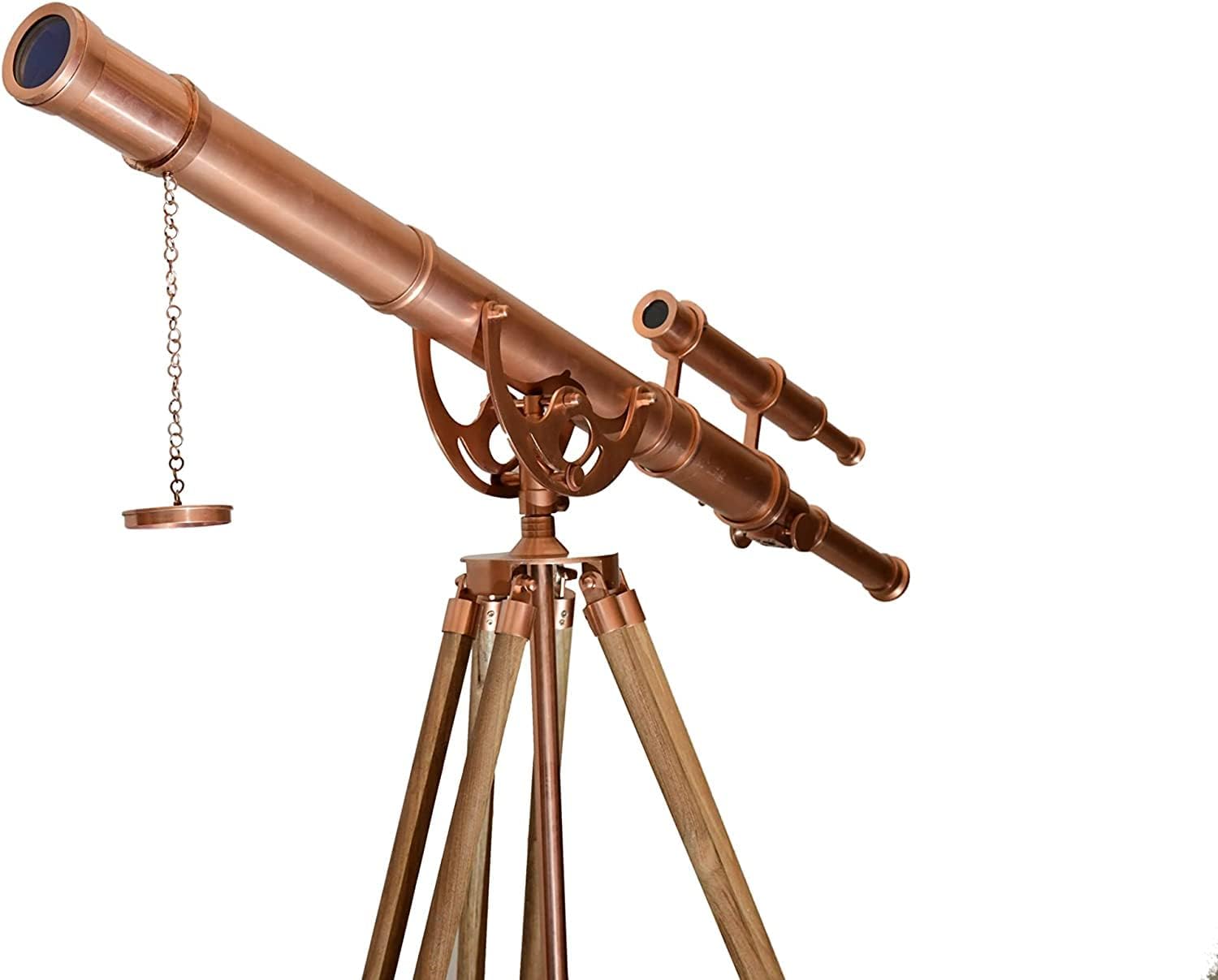 Vintage Handmade Brass Telescope with Teak Tripod Stand