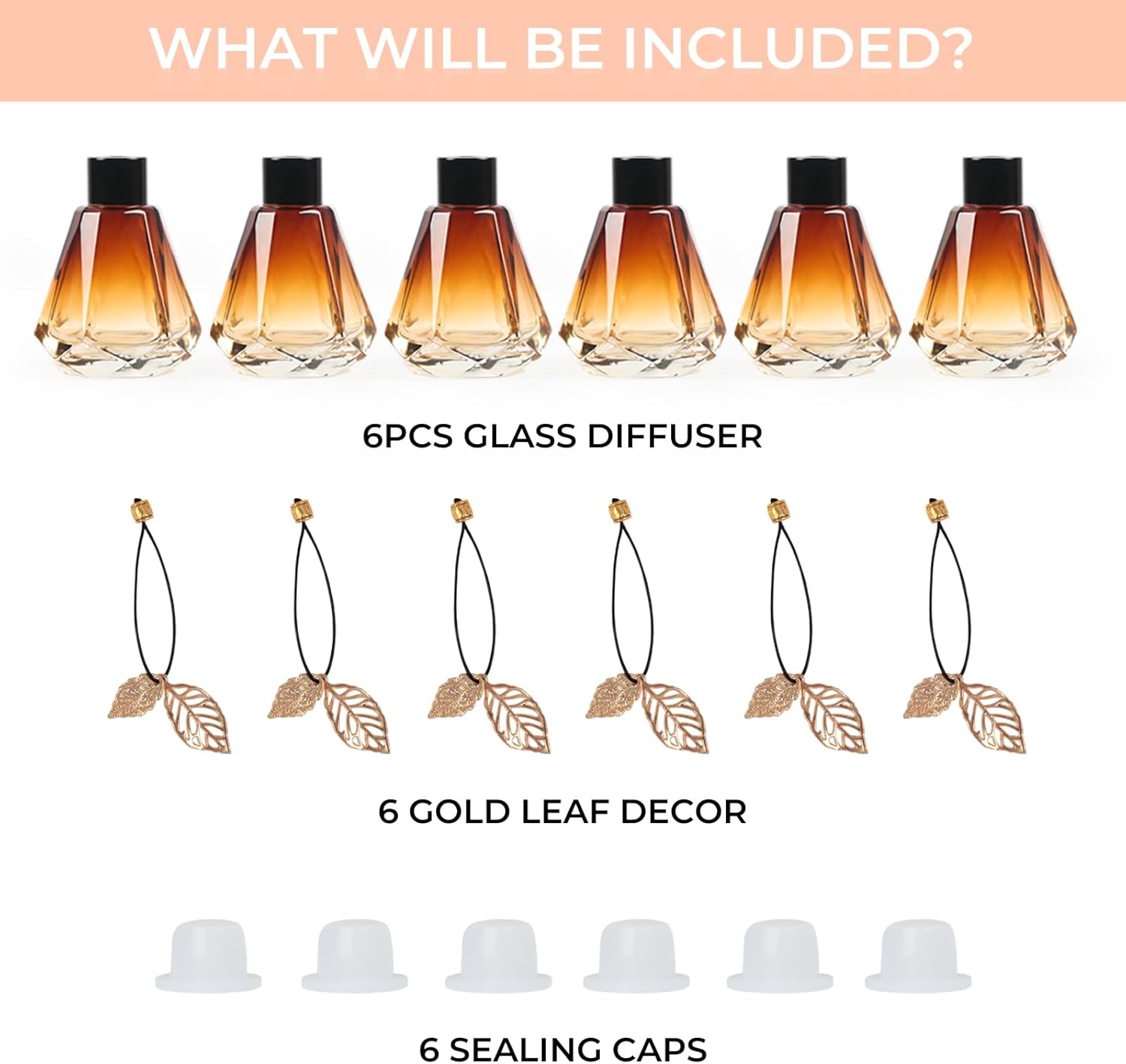 6PCS Diamond Reed Diffuser Set with Gold Leaf Decor