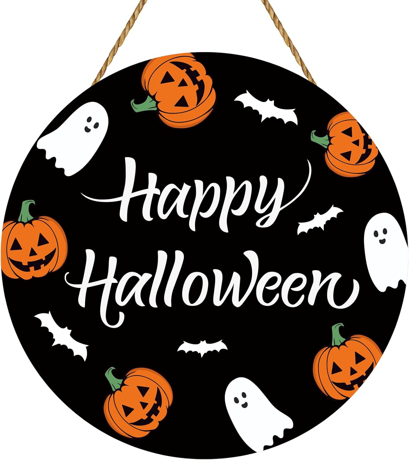 Cute Halloween Wreath with Ghosts Pumpkins Bats Hanging Sign