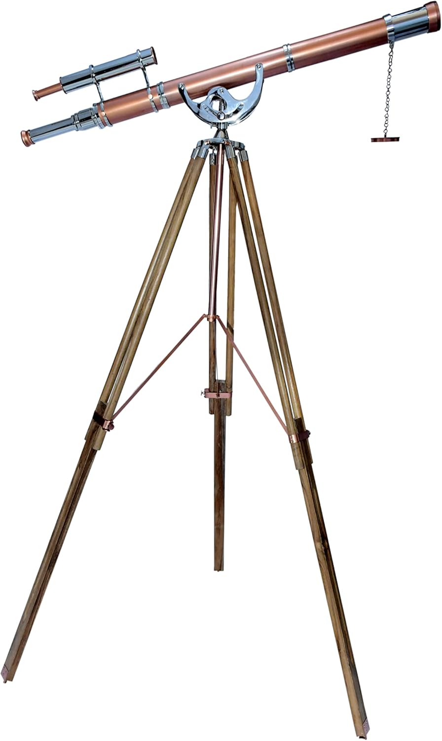 Nautical Vintage Brass Chrome Copper Double Barrel Telescope with Teak Tripod
