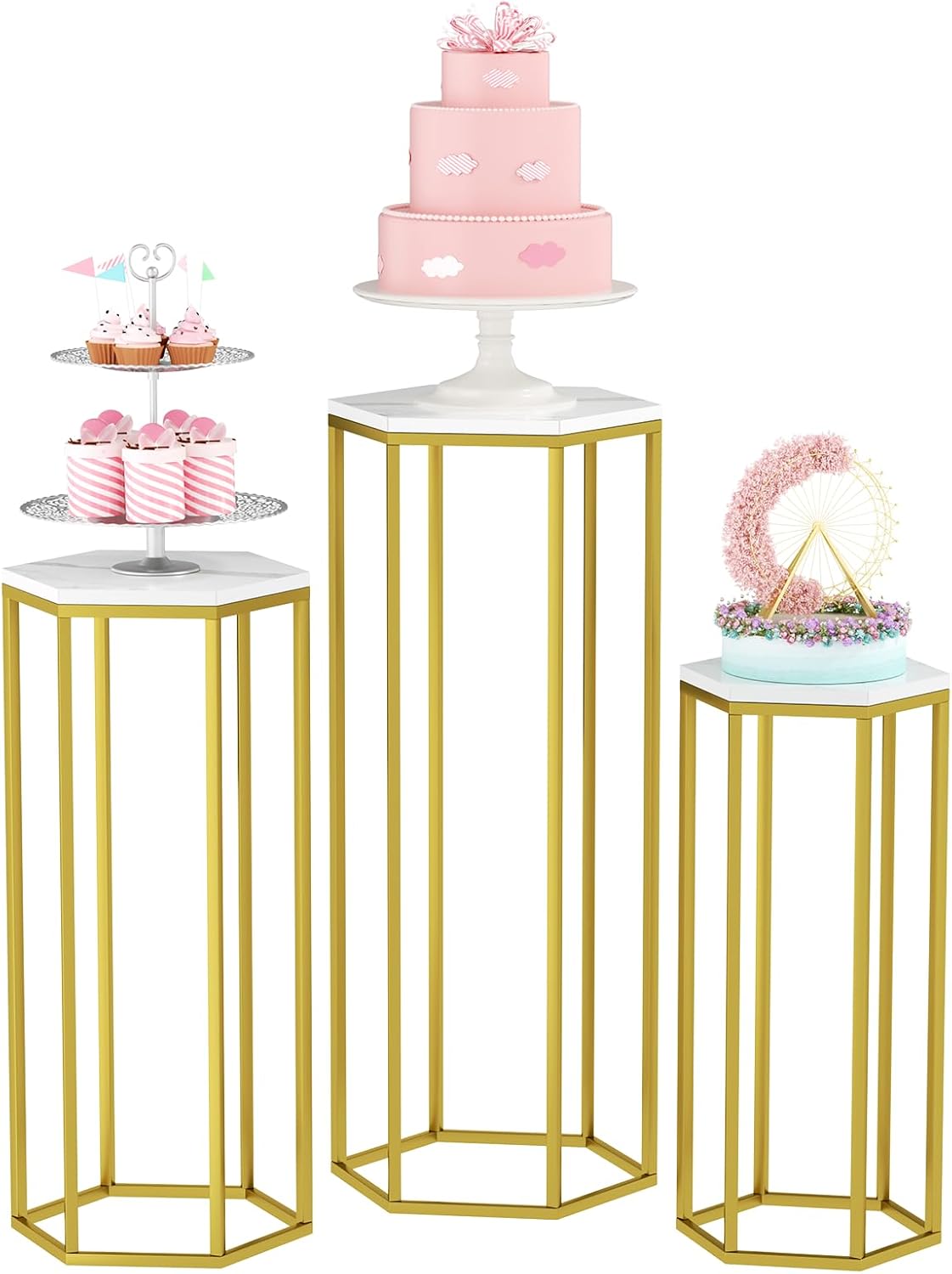 Urban Deco 3PCS Gold Metal Hexagon Pedestal Stand