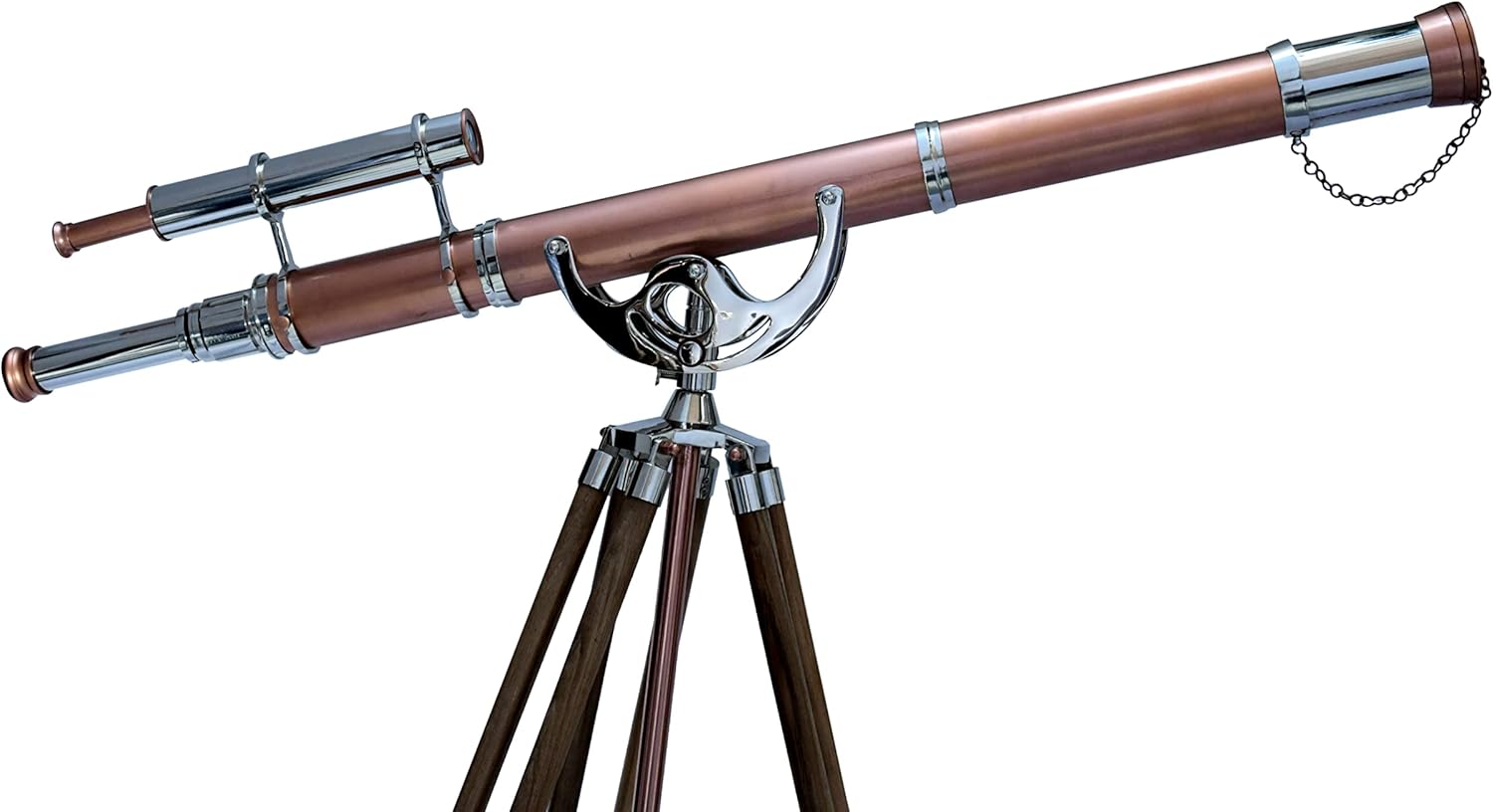 Nautical Vintage Brass Chrome Copper Double Barrel Telescope with Teak Tripod