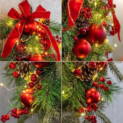 24 Inch Pre-Lit Teardrop Swag with Red Bow and Fairy Lights