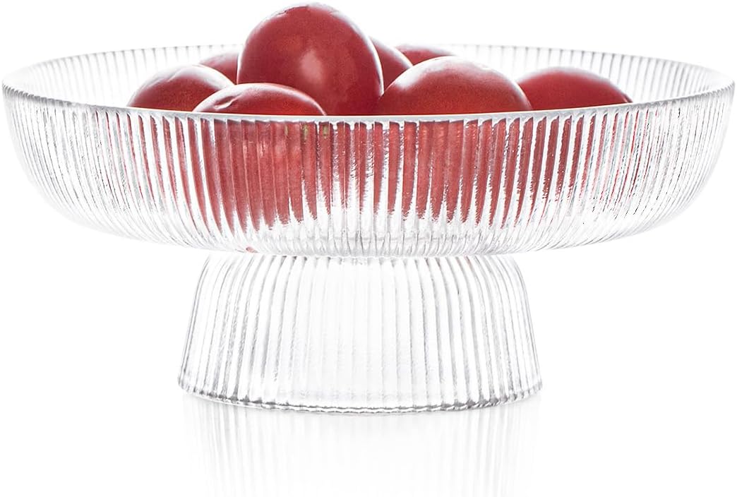 INSETLAN Clear Glass Fruit Bowl with Ribbed Design