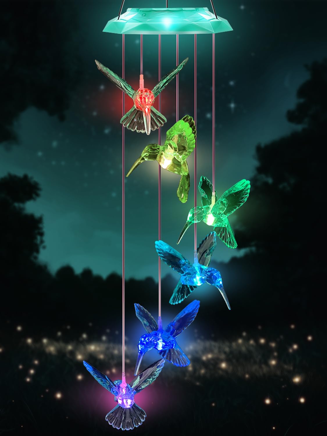 Diamond Cut Hummingbird Solar Wind Chime for Garden 28 Green Light