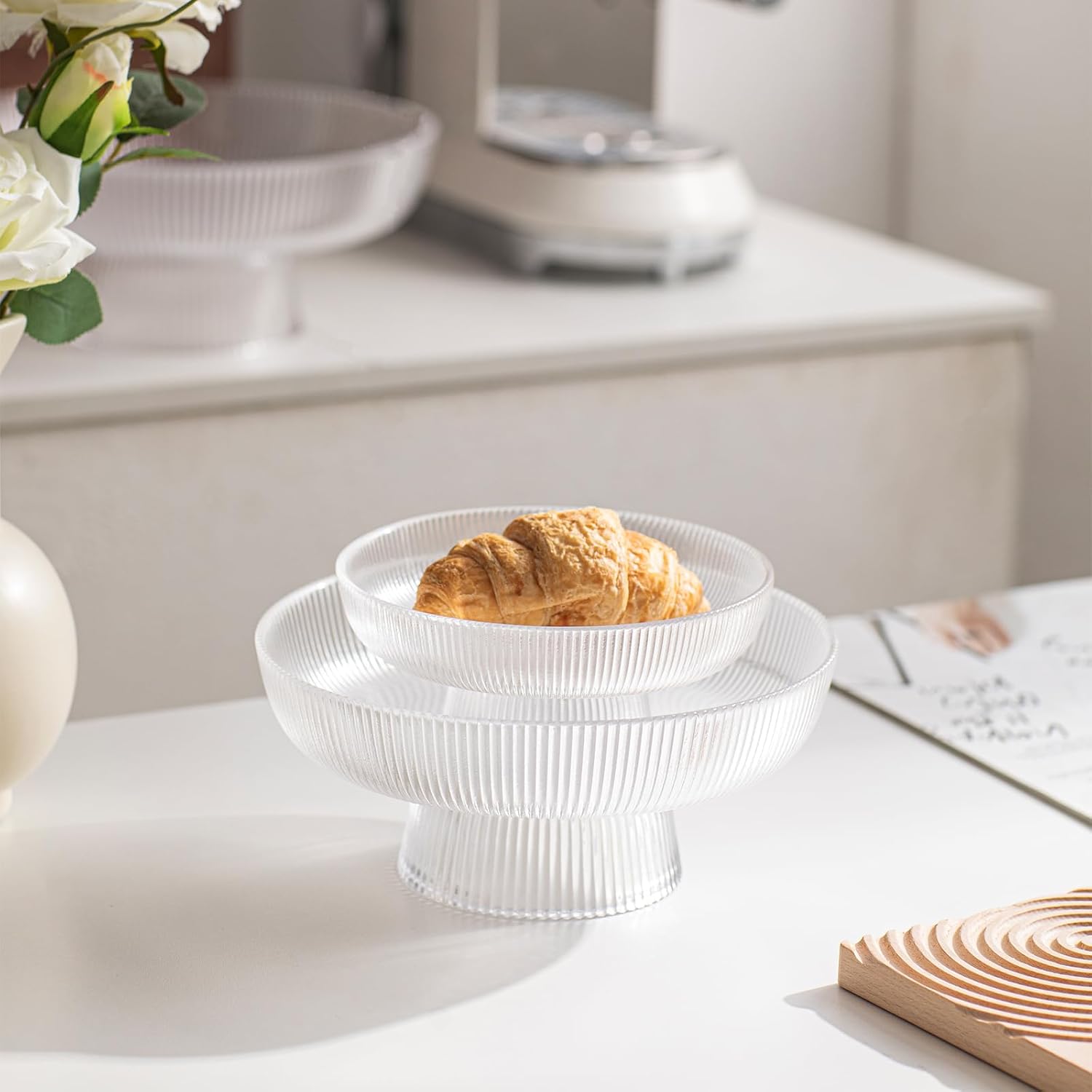 INSETLAN Clear Glass Fruit Bowl with Ribbed Design