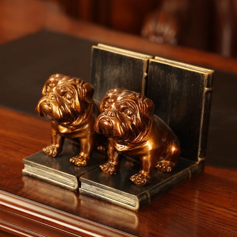 Dwysswyd Bulldog Bookends - Vintage Resin Shelf Guardians with Anti-Slip Base 1