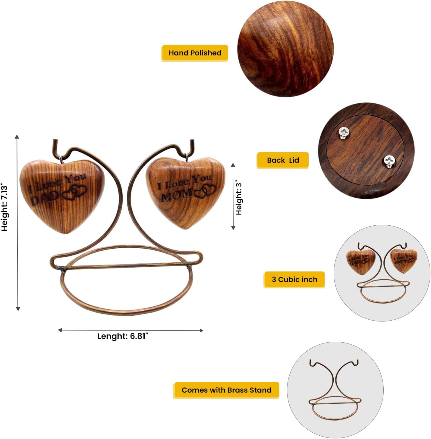 Wooden Dual Heart Keepsake Urn for Ashes