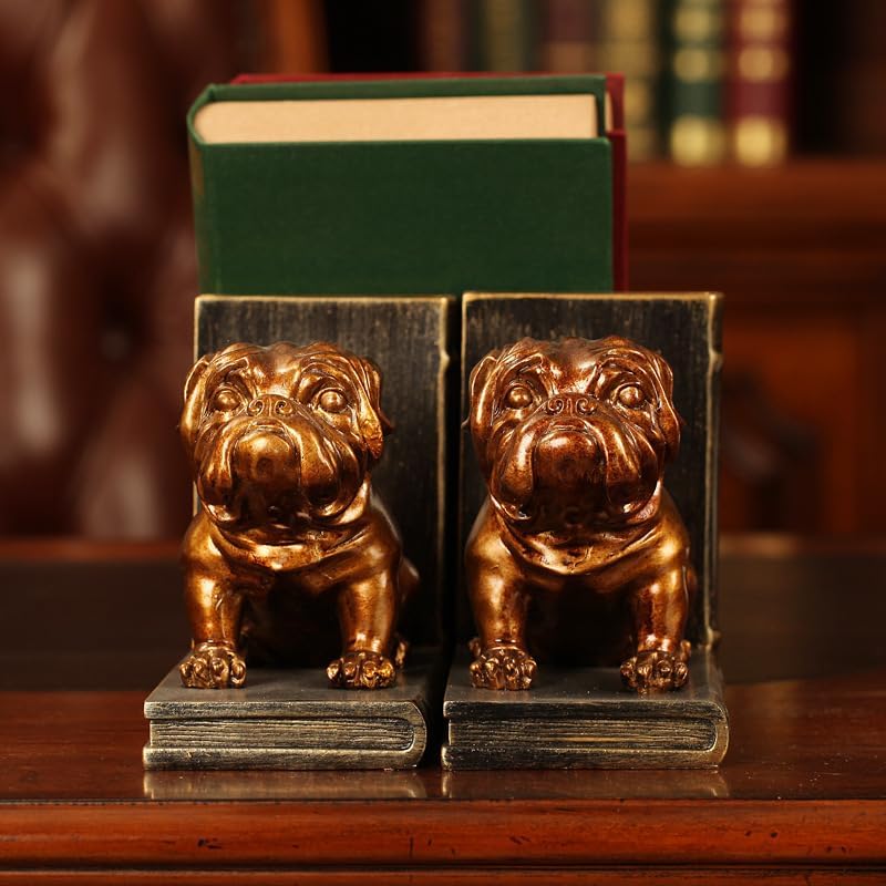 Dwysswyd Bulldog Bookends - Vintage Resin Shelf Guardians with Anti-Slip Base 1
