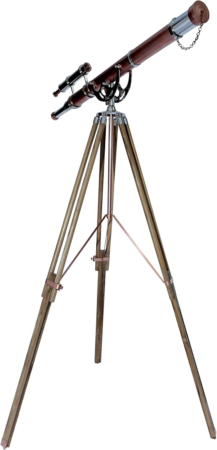 Nautical Vintage Brass Chrome Copper Double Barrel Telescope with Teak Tripod