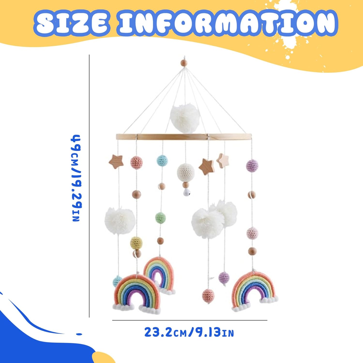 Bassinet Mobile with Bamboo Holder Rainbow Star Pompom Crochet Ball