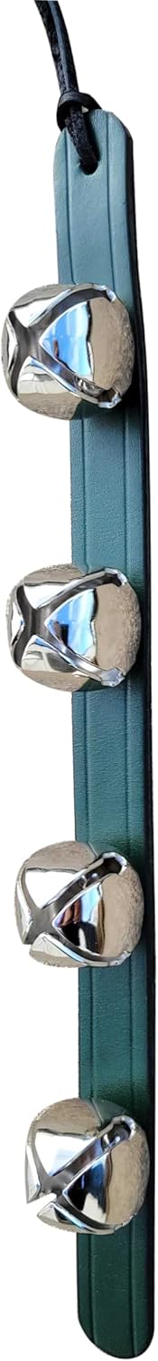 RRD Hanging Sleigh Bells for Door - Silver Christmas Bell with Green Leather Strap
