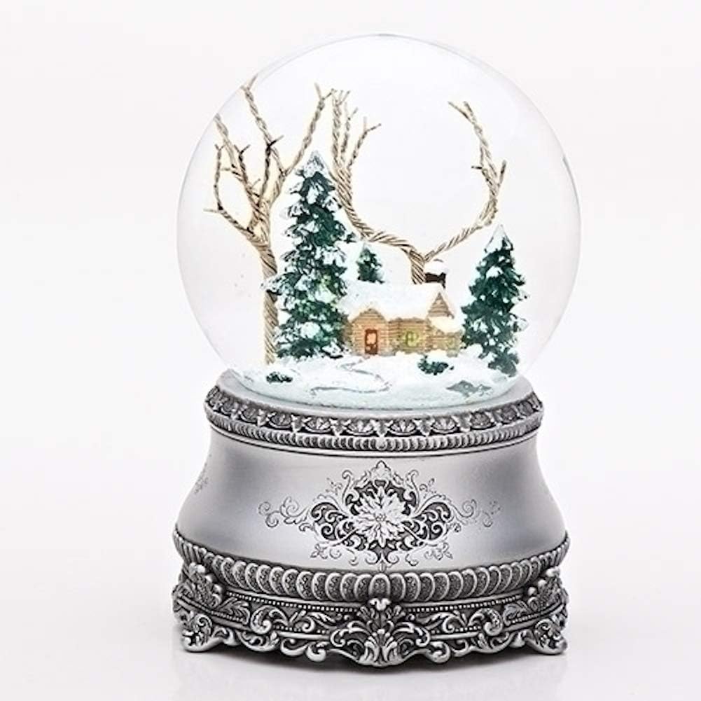 Roman 55 Inch Cottage with Tree Glitter Silver Base 100mm Dome Plays Ill Be Home for Christmas