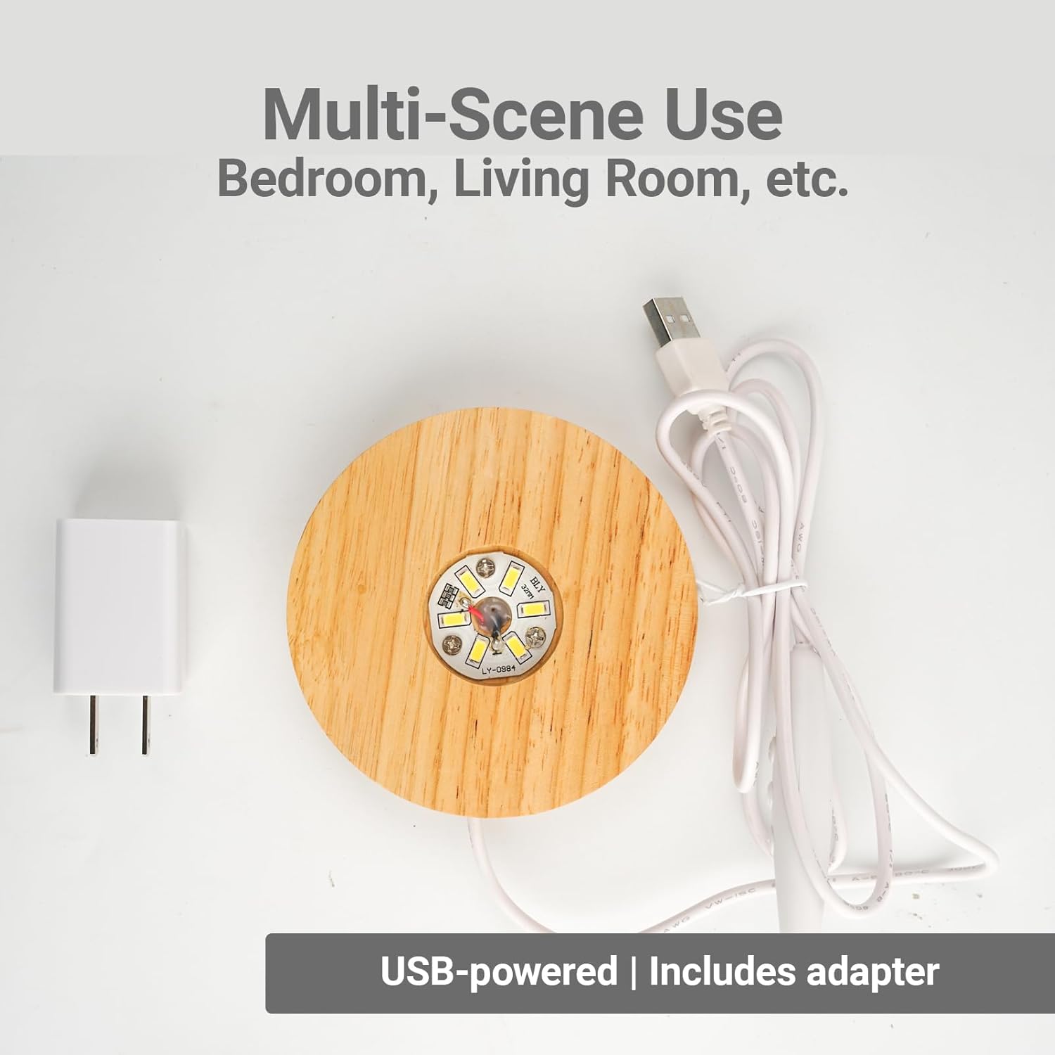 Wood LED Light Stand for Crystal 3D Glass Art - USB Powered
