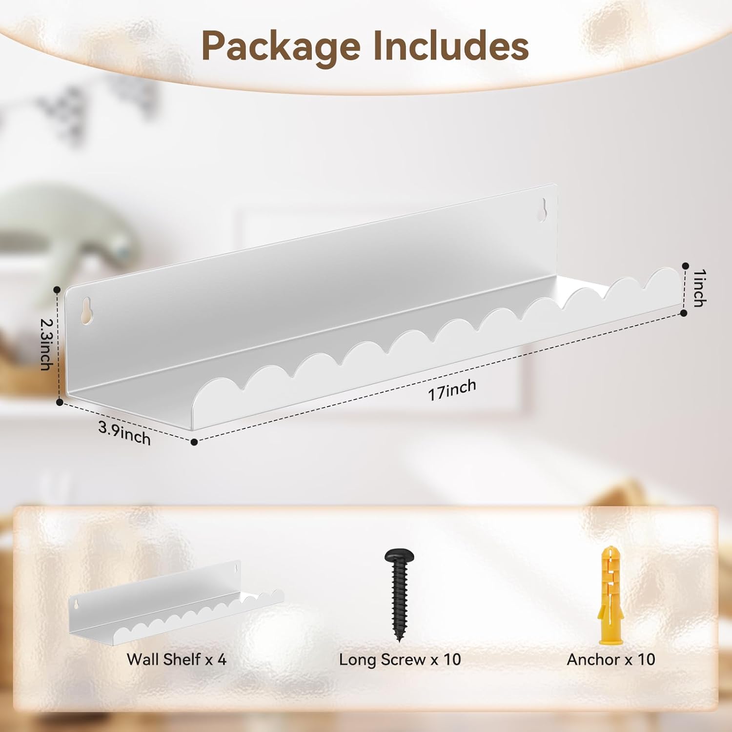 4 Pack White Floating Shelves for Kids Room Wall Decor