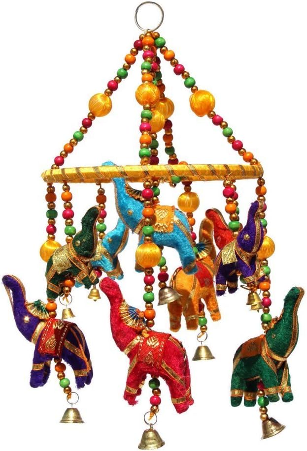 Door Hanging Multi Color Velvet Elephants With Yellow Ring Wooden Beads And Metal Bells 1